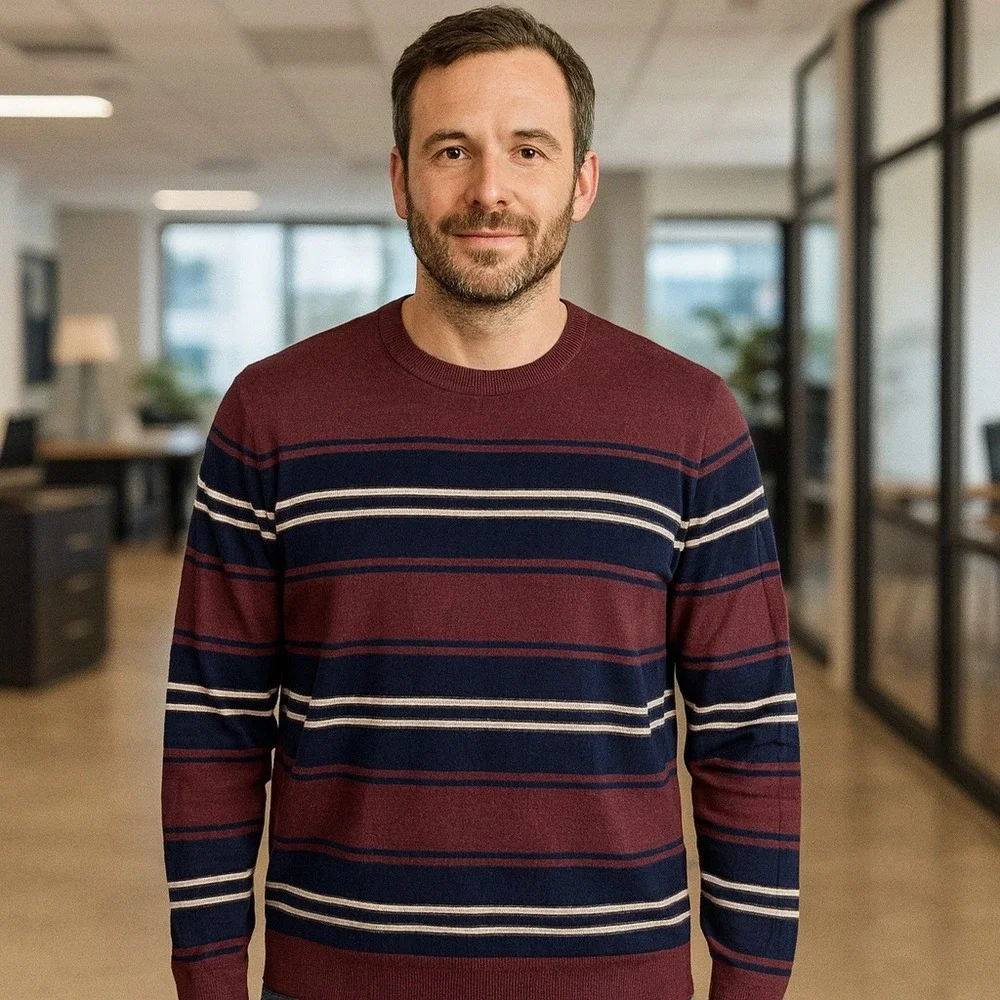 Banana Republic L Maroon Navy Striped Sweater‎ Cotton Nylon Crewneck Classic Fit